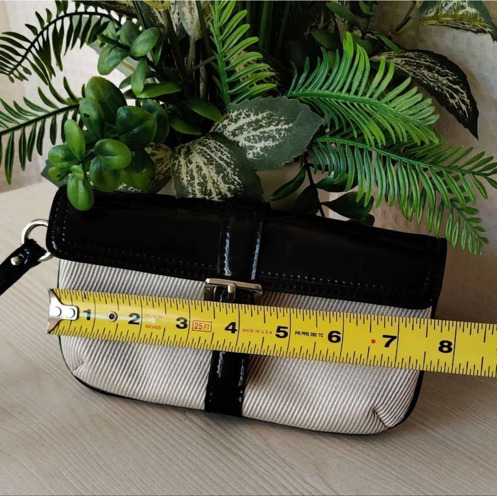 Ann Taylor Black Patent Leather and Gray Striped Wristlet